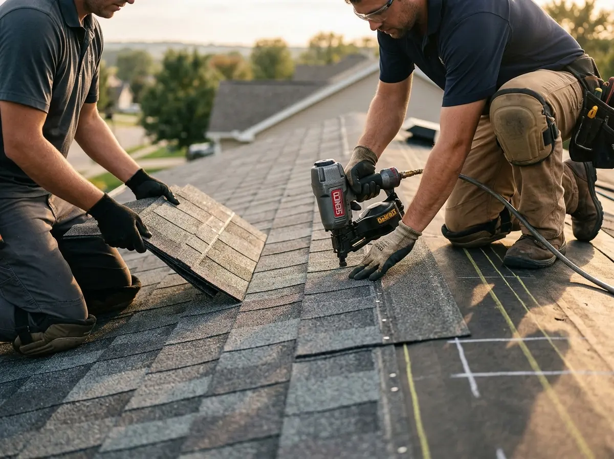 Professional roofer working on a residential roof in Minneola